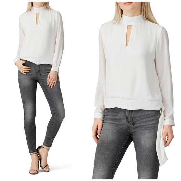 Krisa Ivory Cream High Neck Keyhole Cut Out Front Tie Waist Blouse Size‎ XS - Picture 3 of 11